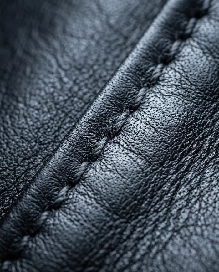 Macro of black full-grain leather with a stitched seam